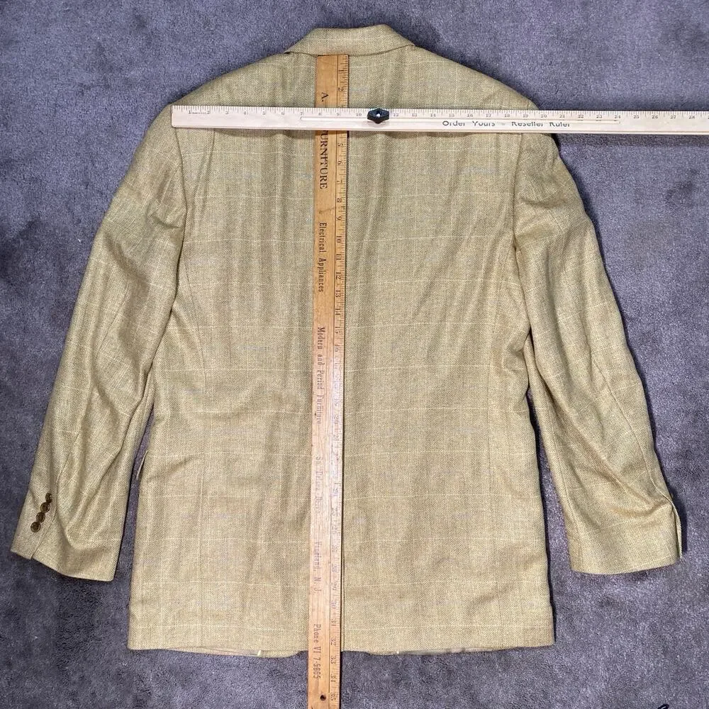 Lands' End Men 44 LONG 100% Silk Herringbone British Tan Aqua White Check Blazer